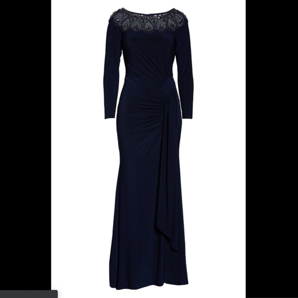 NWD XSCAPE Beaded Neck Long Sleeve Ruched Gown 2 - Picture 2 of 12